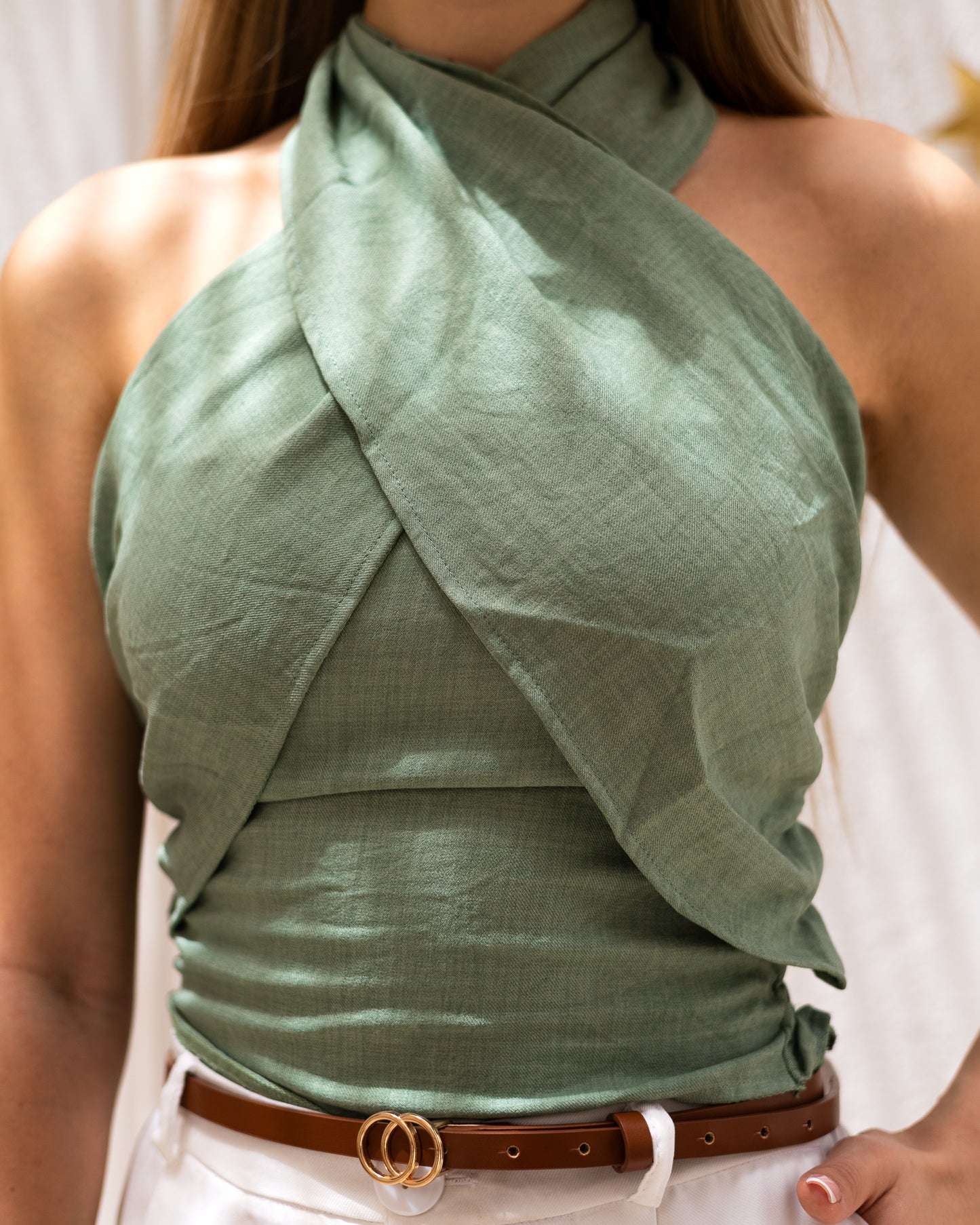 Crossed Neck Linen Top Military Green
