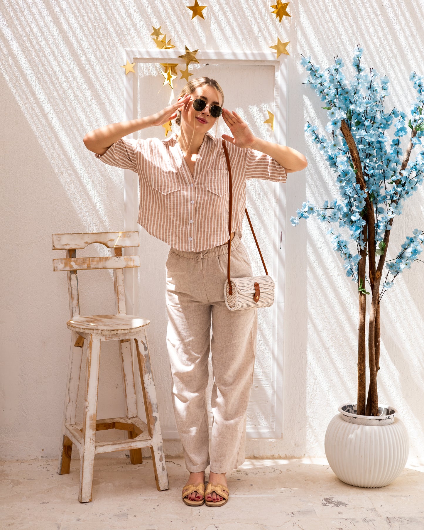 Striped Cropped Shirt Beige