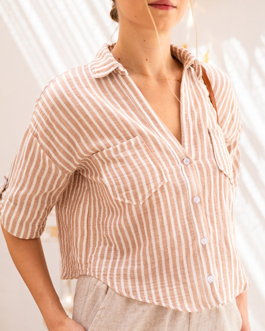 Striped Cropped Shirt Beige