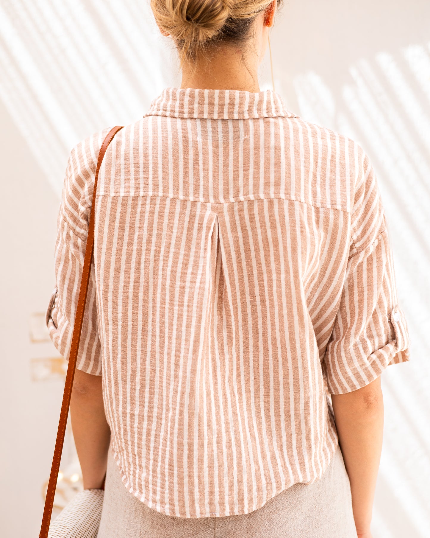 Striped Cropped Shirt Beige