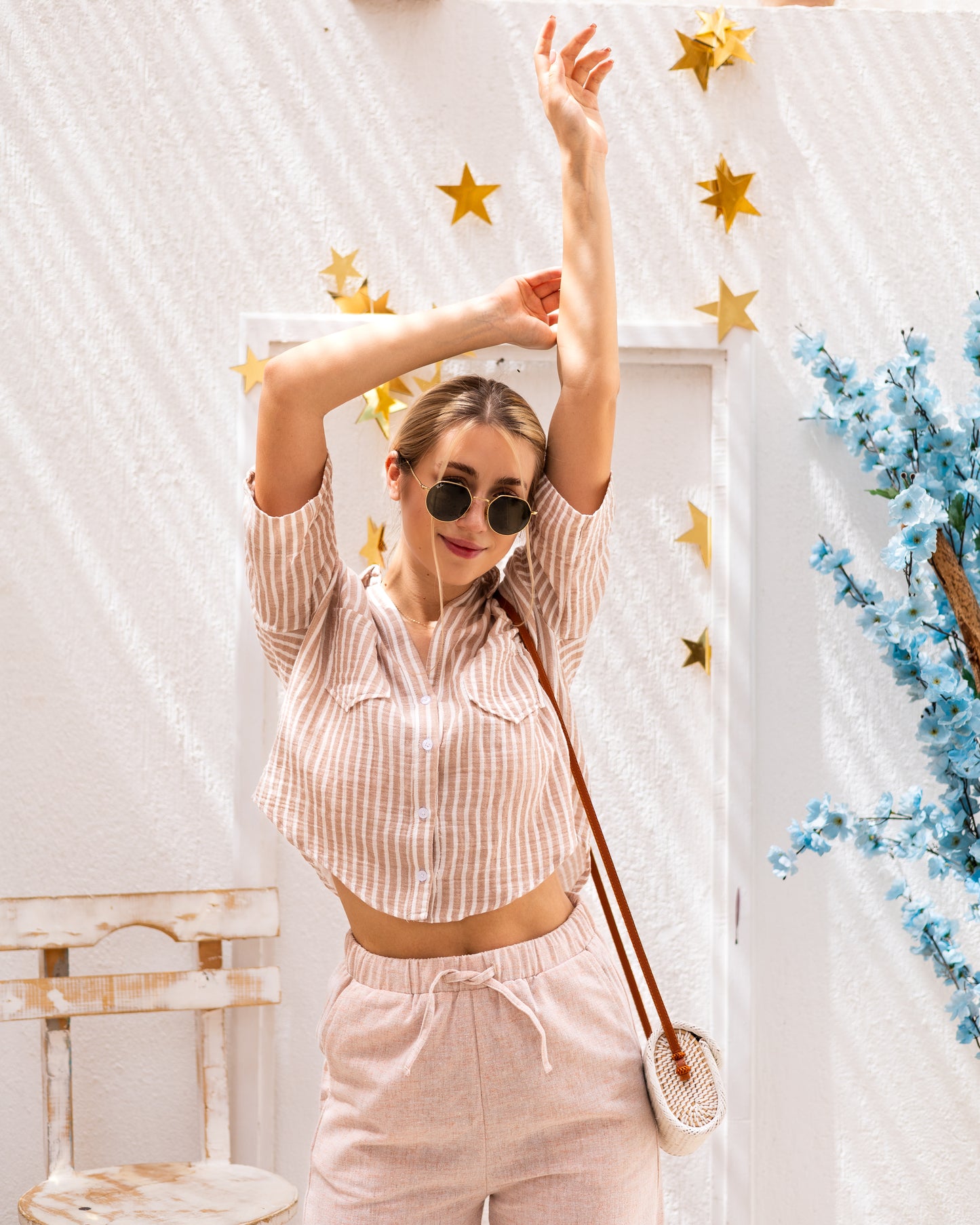 Striped Cropped Shirt Beige