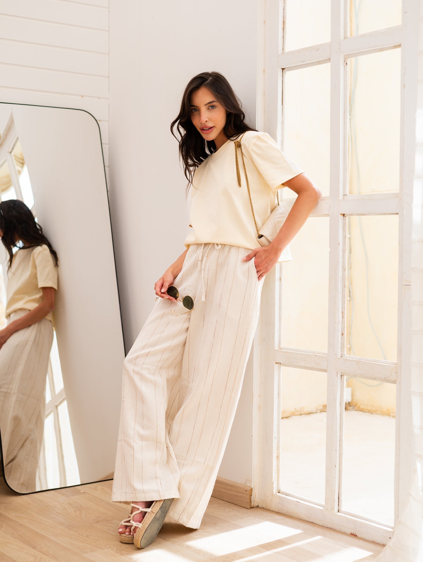 Shiny Stripes Linen Pants Wide Leg