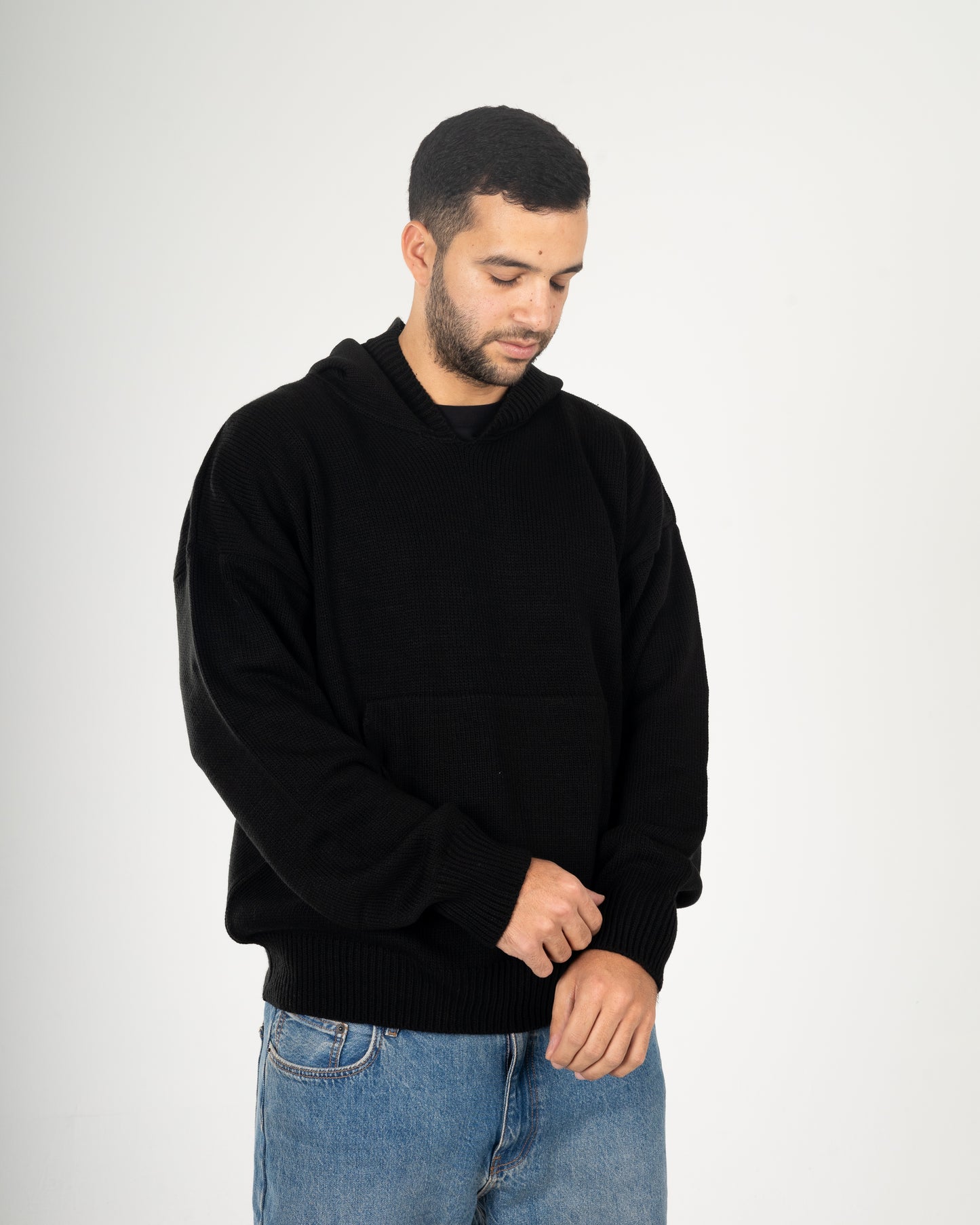 Black Knitted Oversized Hoodie