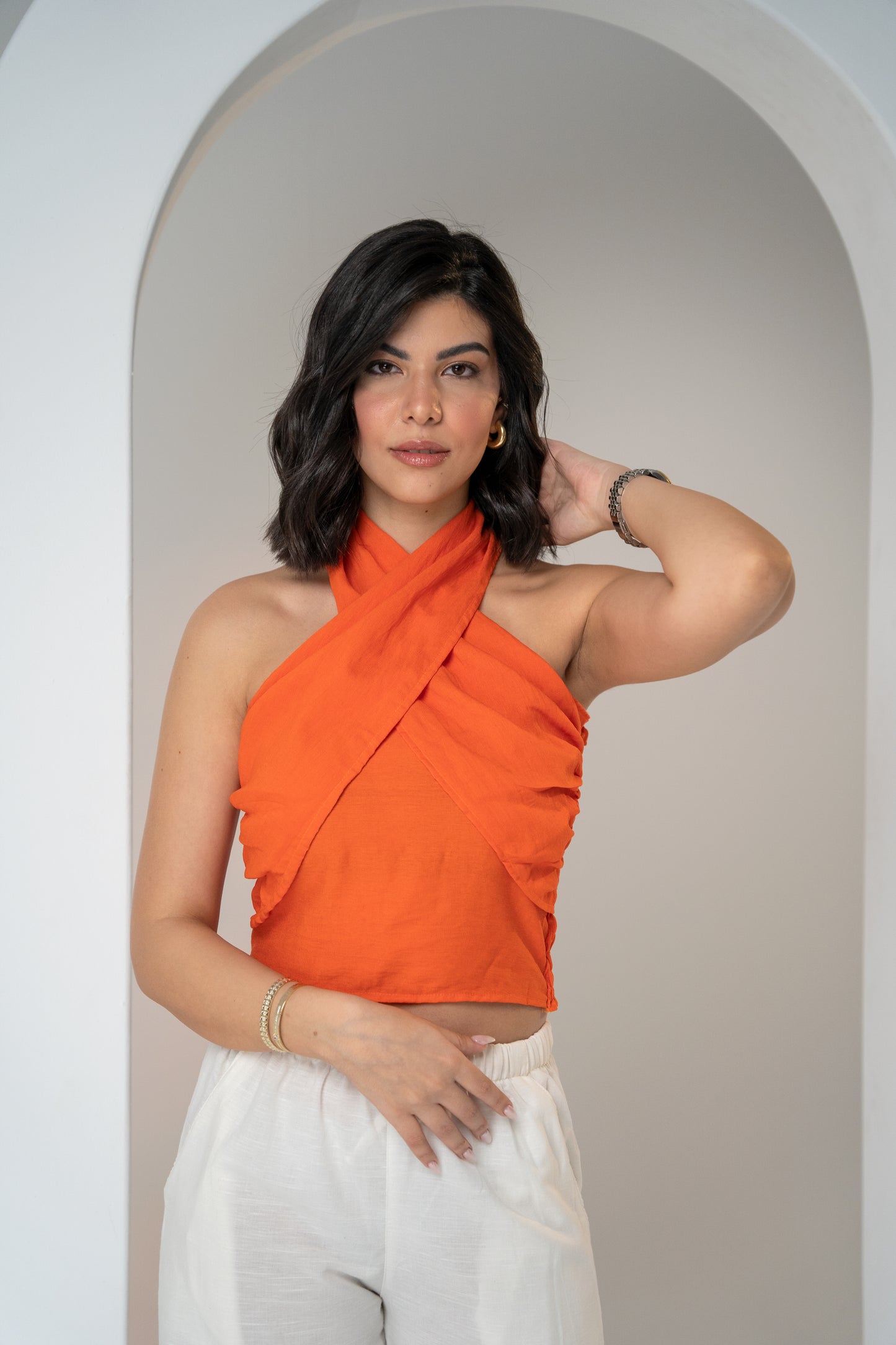 Crossed-neck Linen Top Orange