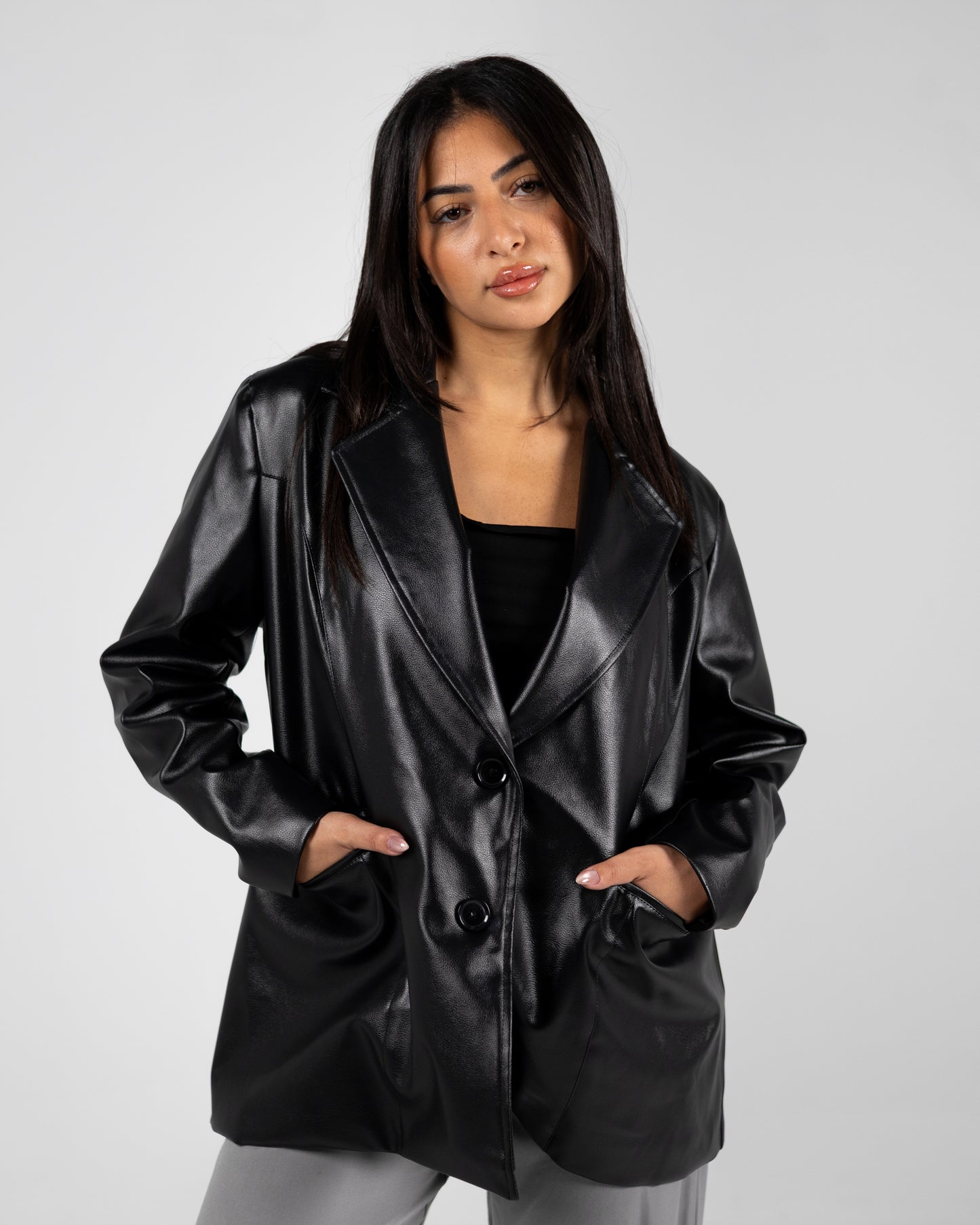 Oversized Faux Leather Blazer Black
