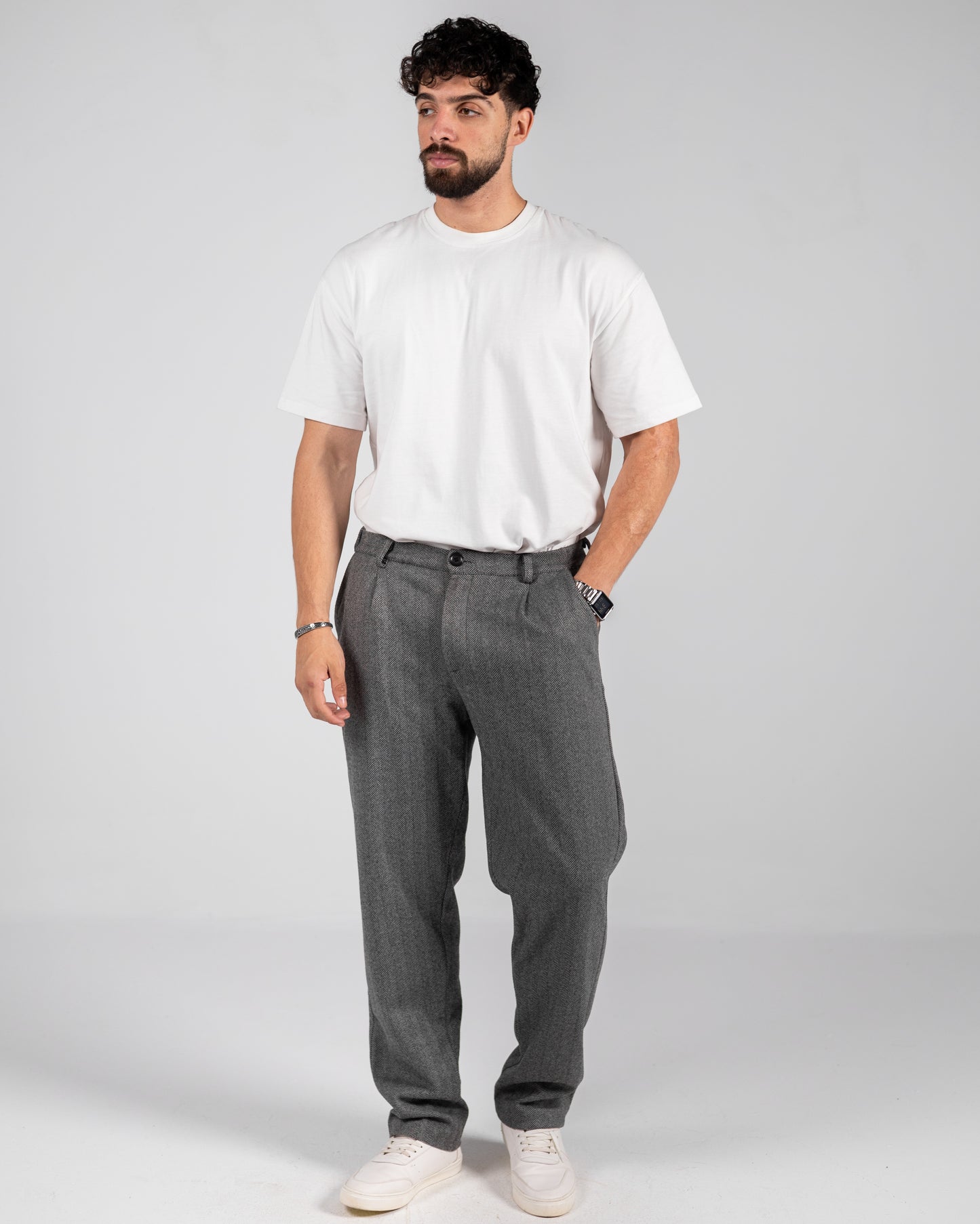 Stripped Tailored Pants Grey Straight Fit