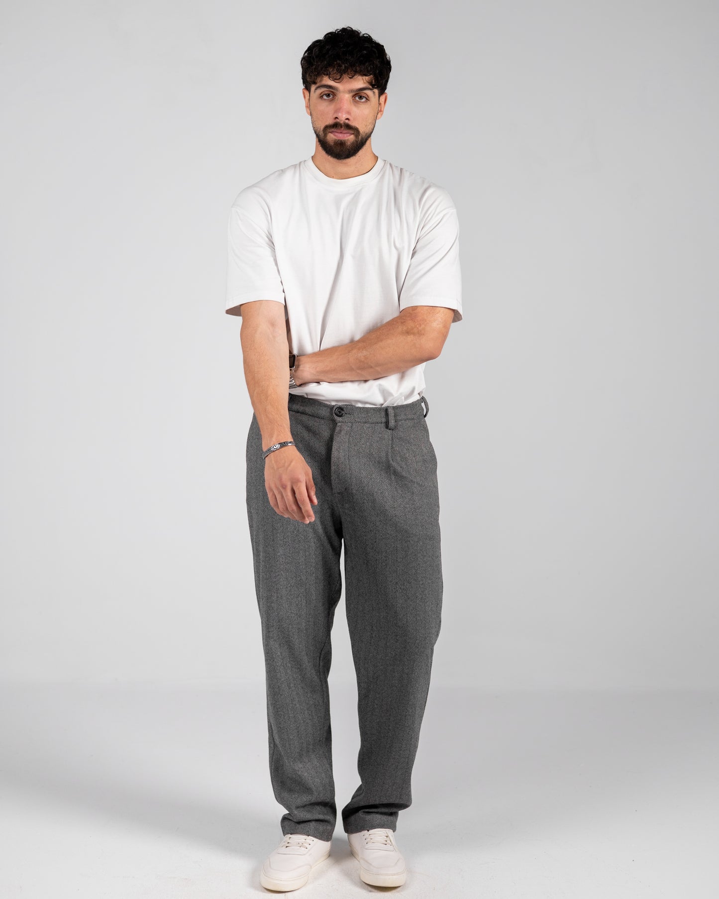 Stripped Tailored Pants Grey Straight Fit