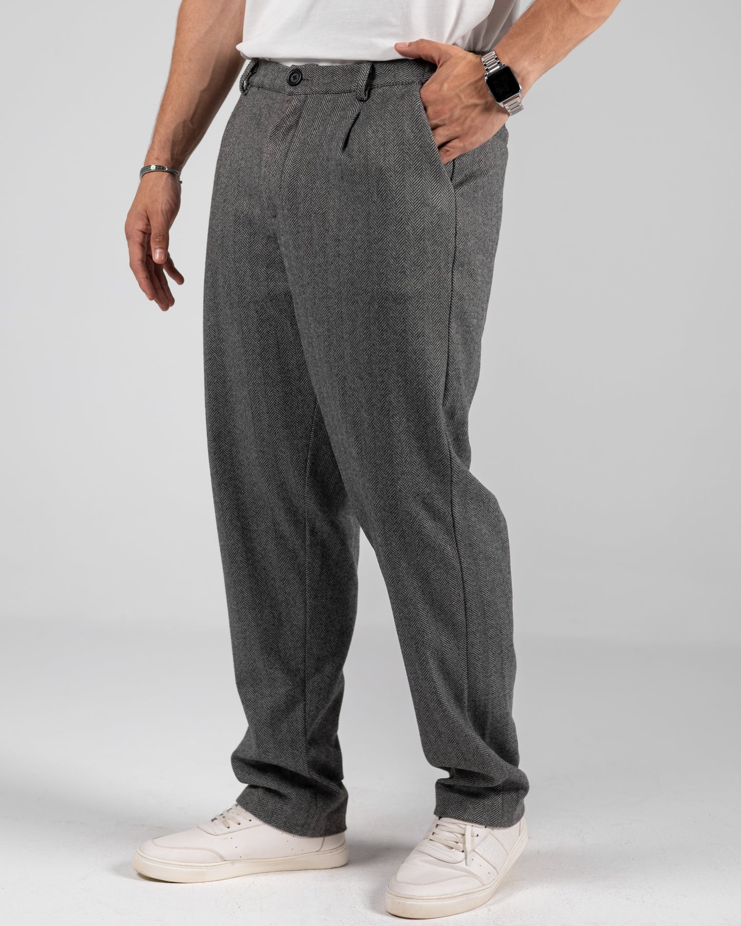Stripped Tailored Pants Grey Straight Fit