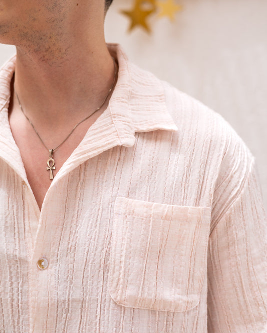 Textured Short Sleeve Linen Shirt Orange