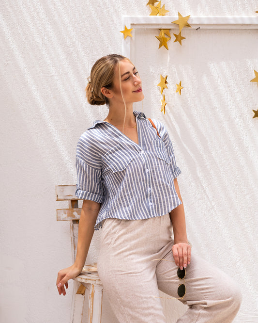 Striped Cropped Shirt Ocean Blue
