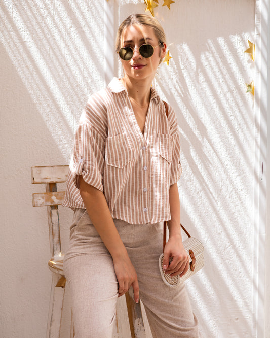 Striped Cropped Shirt Beige