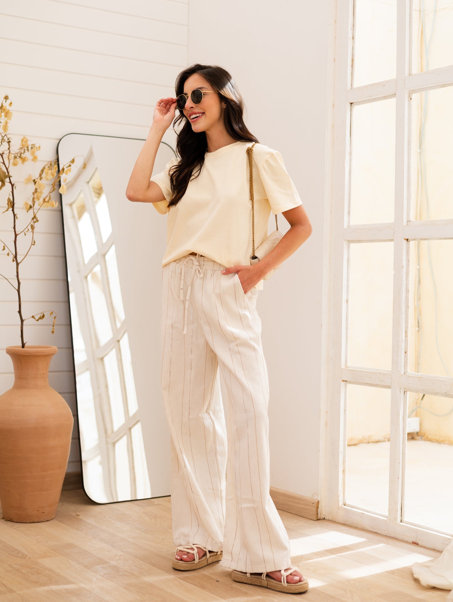 Shiny Stripes Linen Pants Wide Leg