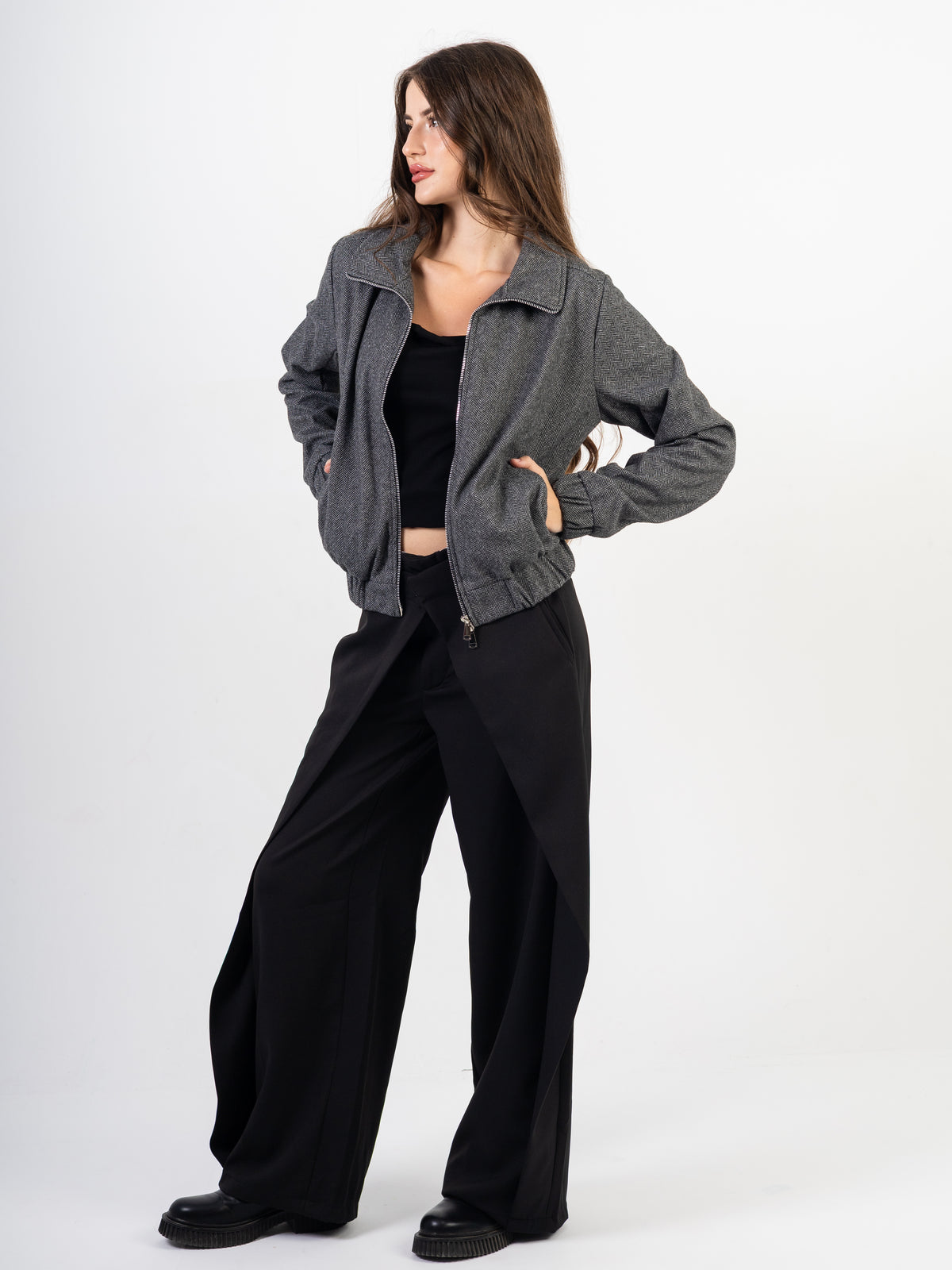 Double Zipper Tweed Bomber Jacket