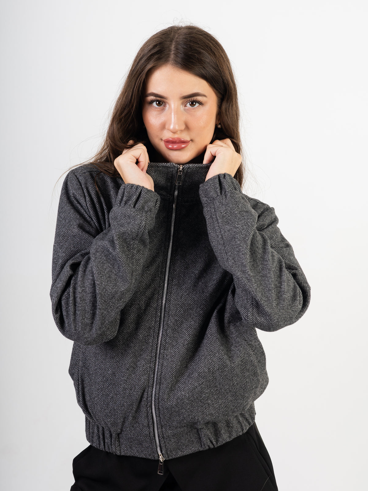 Double Zipper Tweed Bomber Jacket