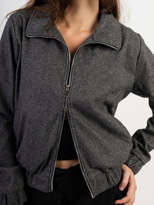 Double Zipper Tweed Bomber Jacket